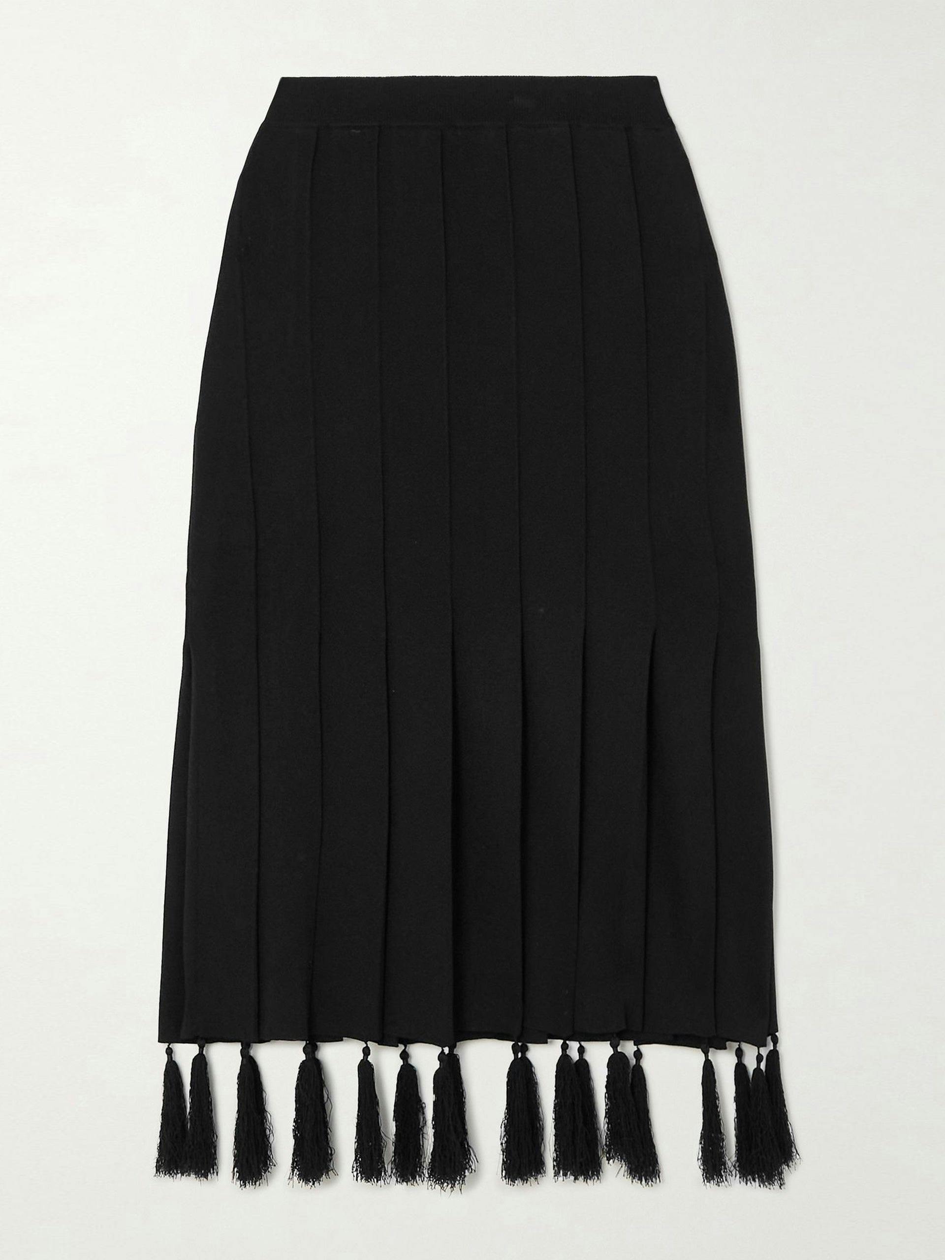 Memoir tasseled pleated knitted midi skirt