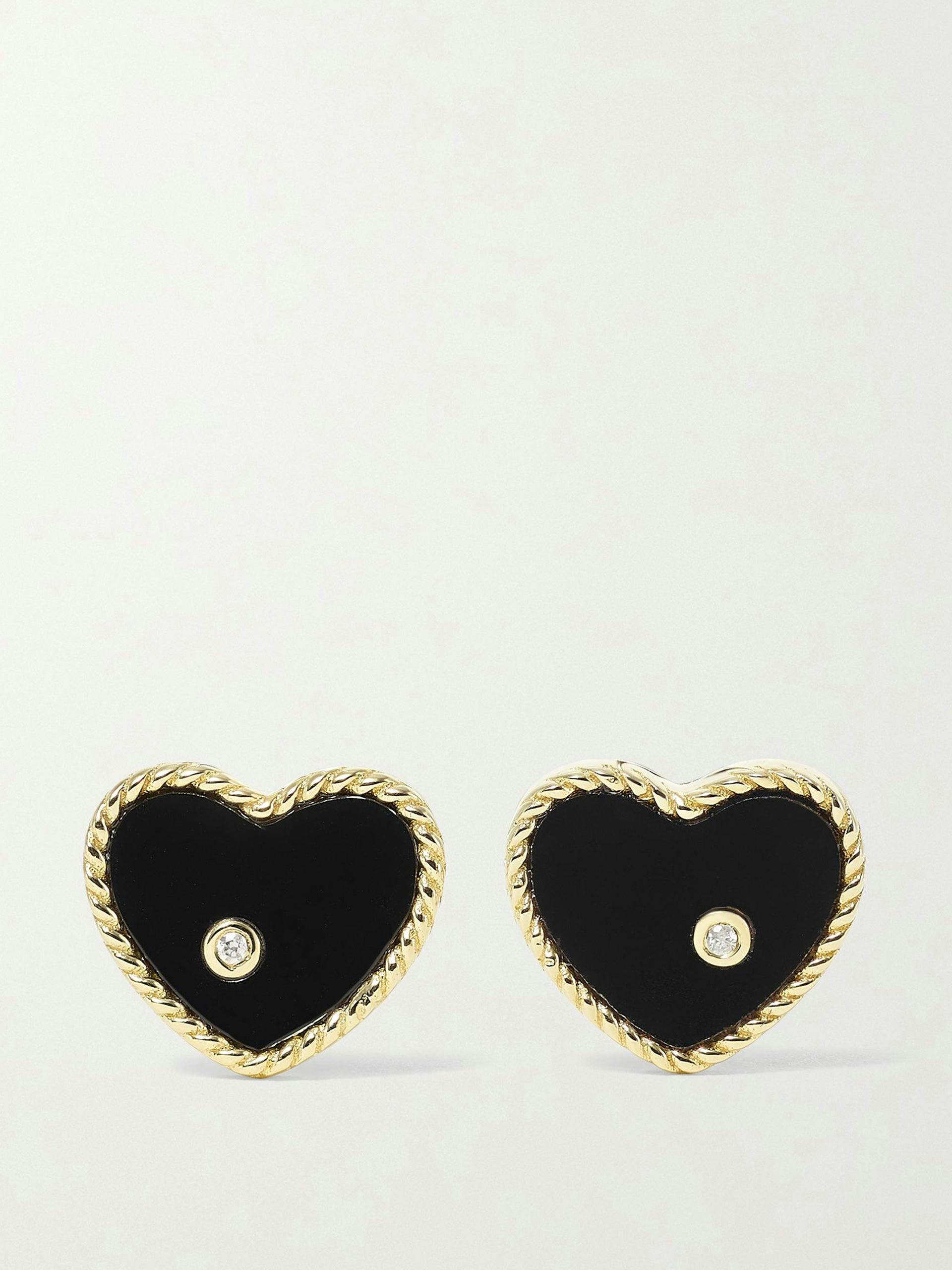 Baby Heart 9-karat gold, onyx and diamond earrings