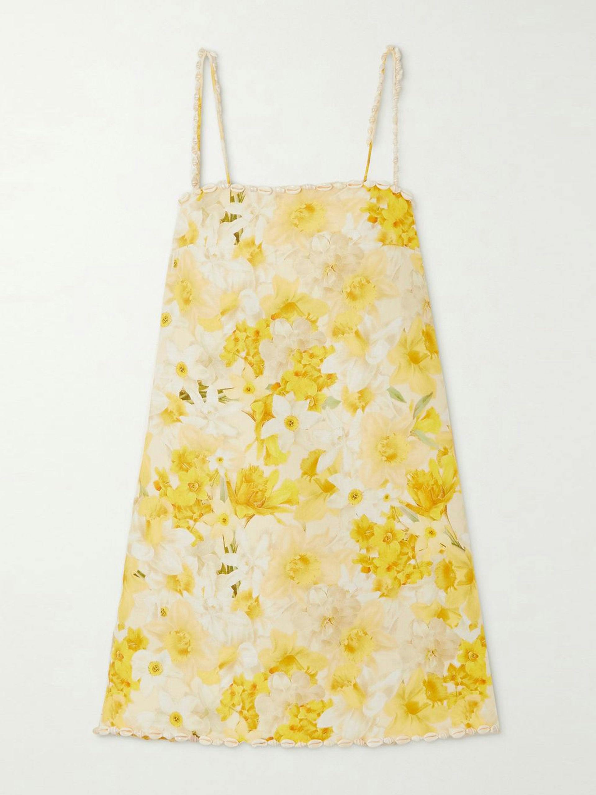 Yellow floral print linen minidress