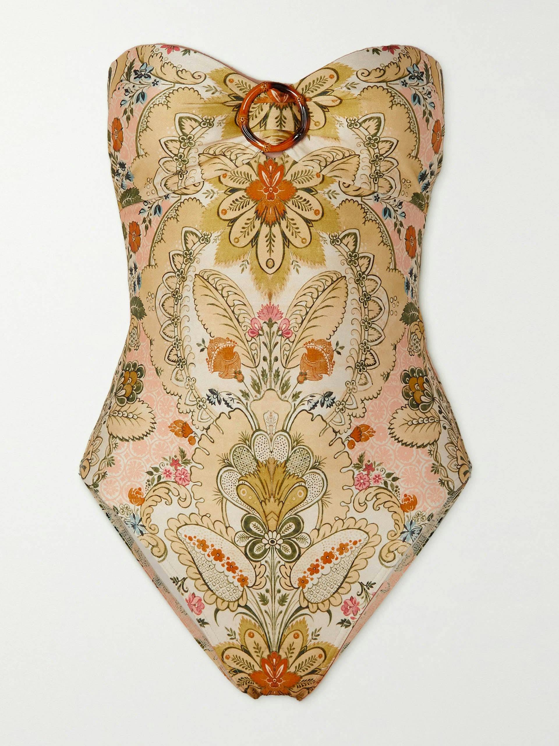 Laurel strapless embellished floral-print swimsuit