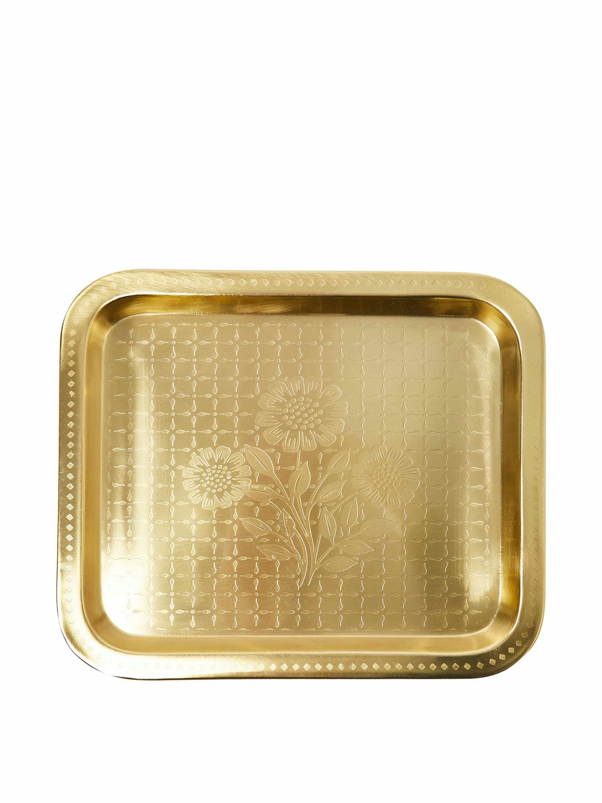 Gold metal tray with etched flowers