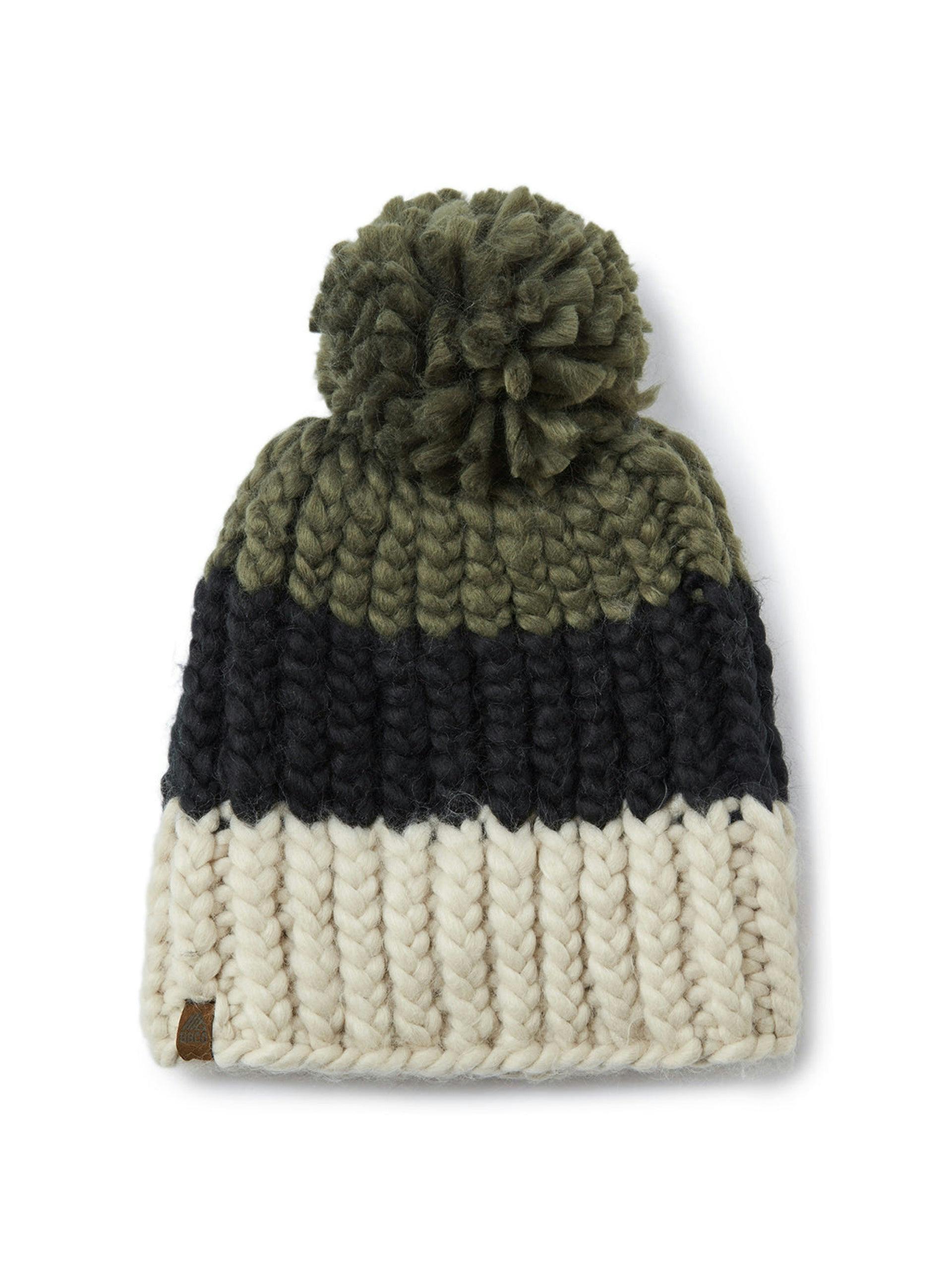 Green, black and white knitted beanie with pom pom