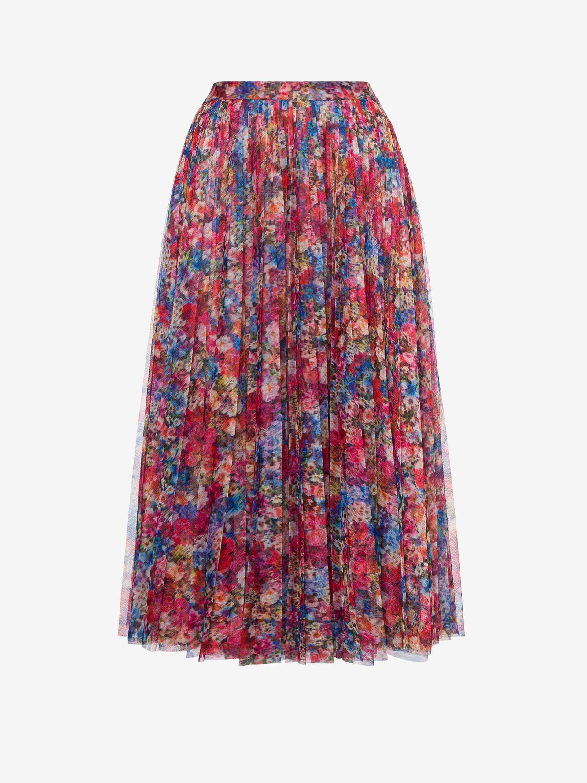 Floral printed tulle pleated skirt