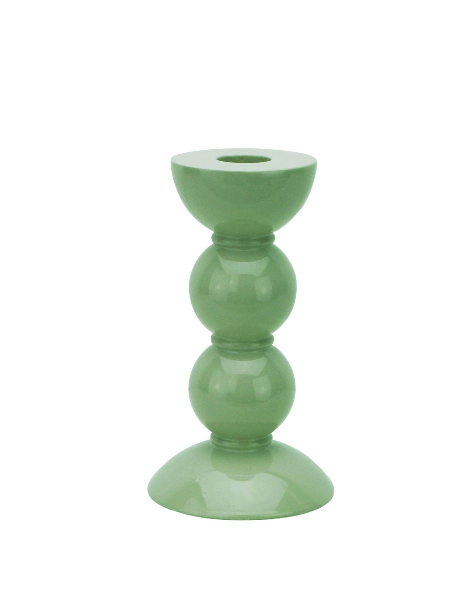Short bobbin candlestick in sage green