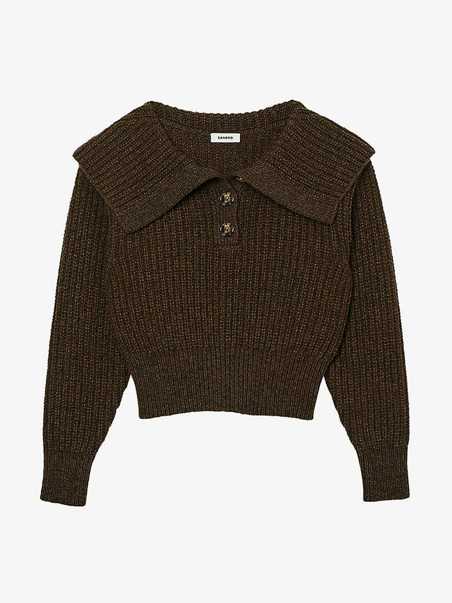 Brown open-collar cable-knit jumper