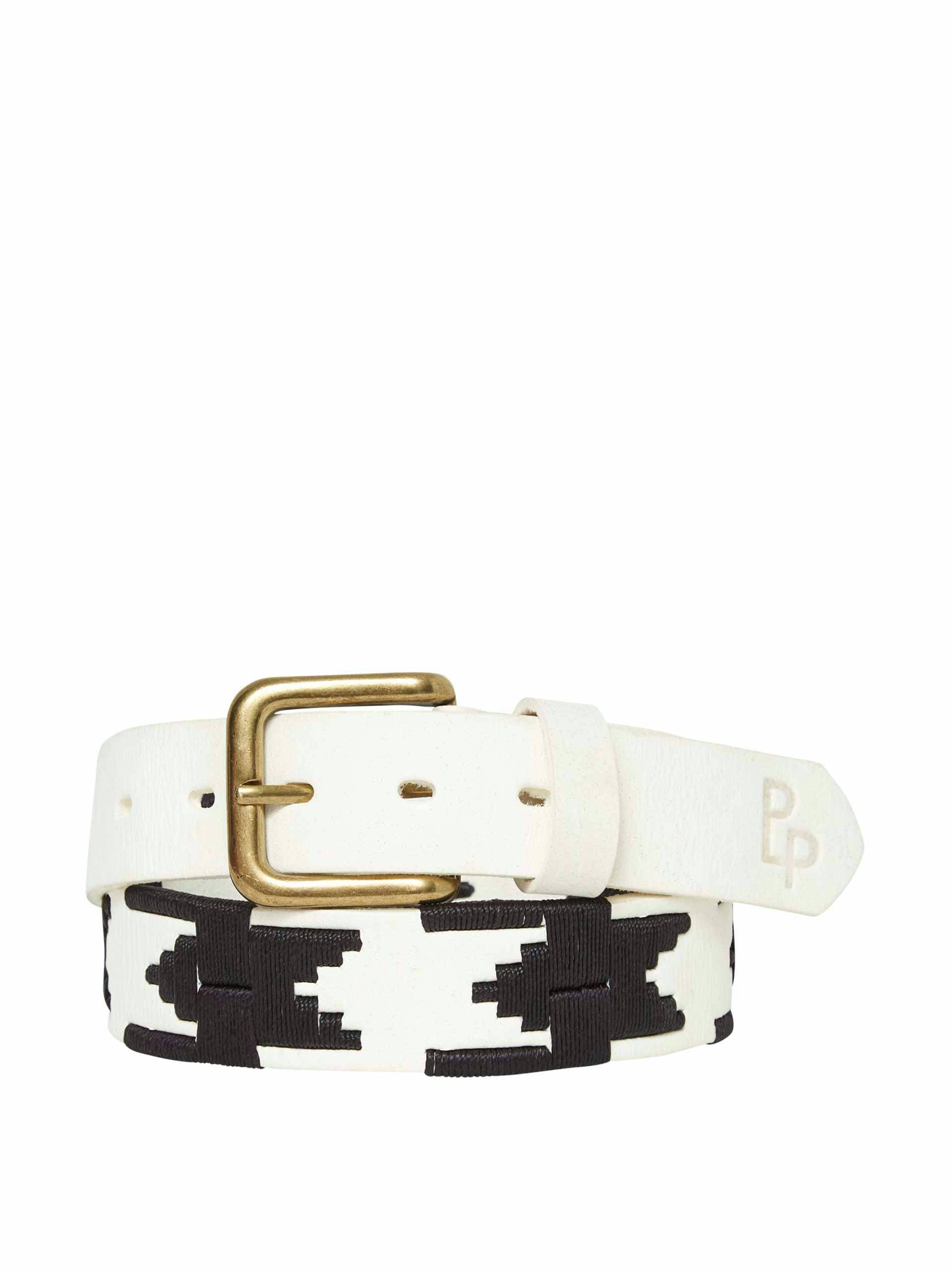 White and black embroidered leather belt