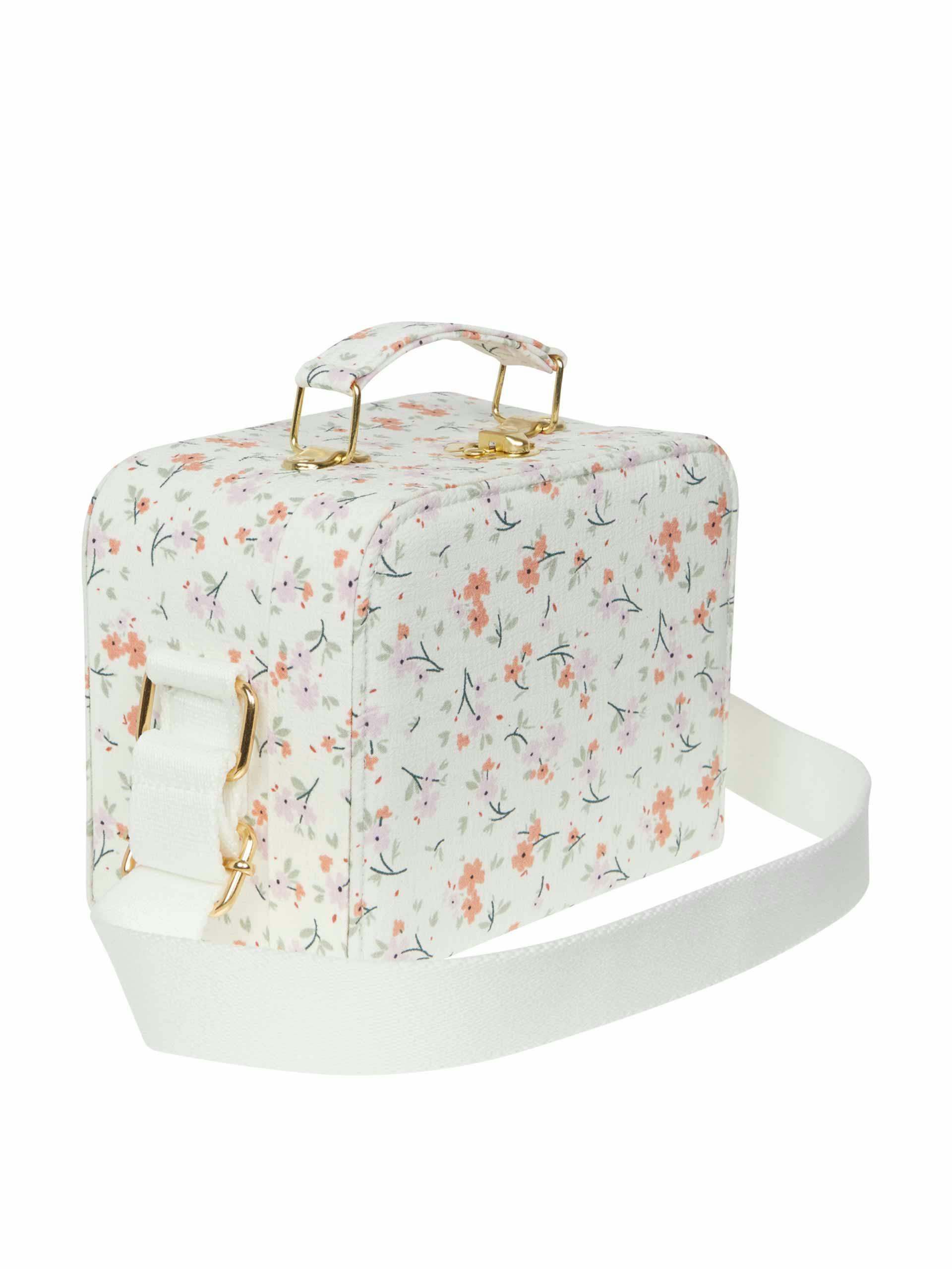 White floral mini suitcase bag