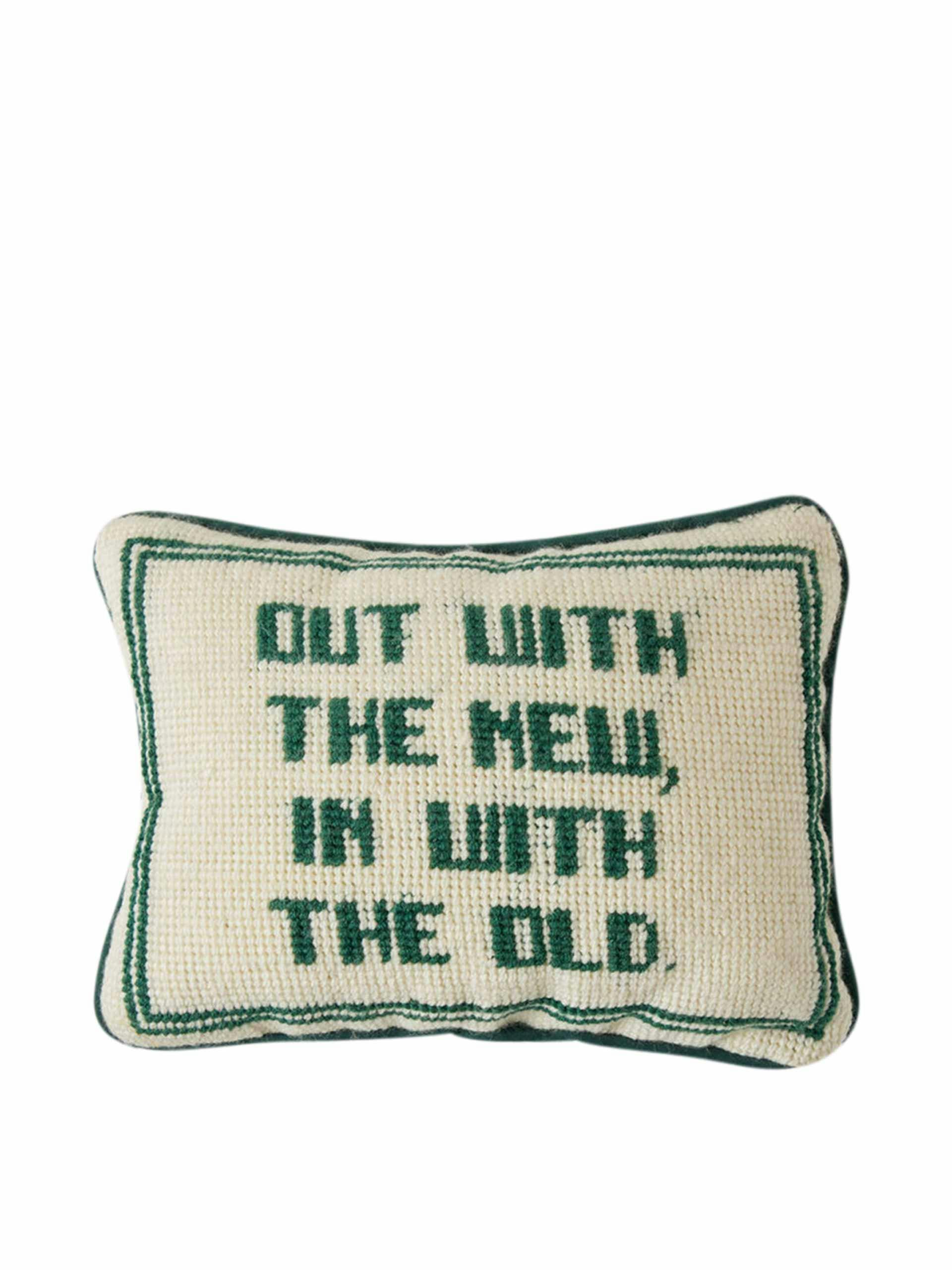 "Out with the New" cross stitch pillow