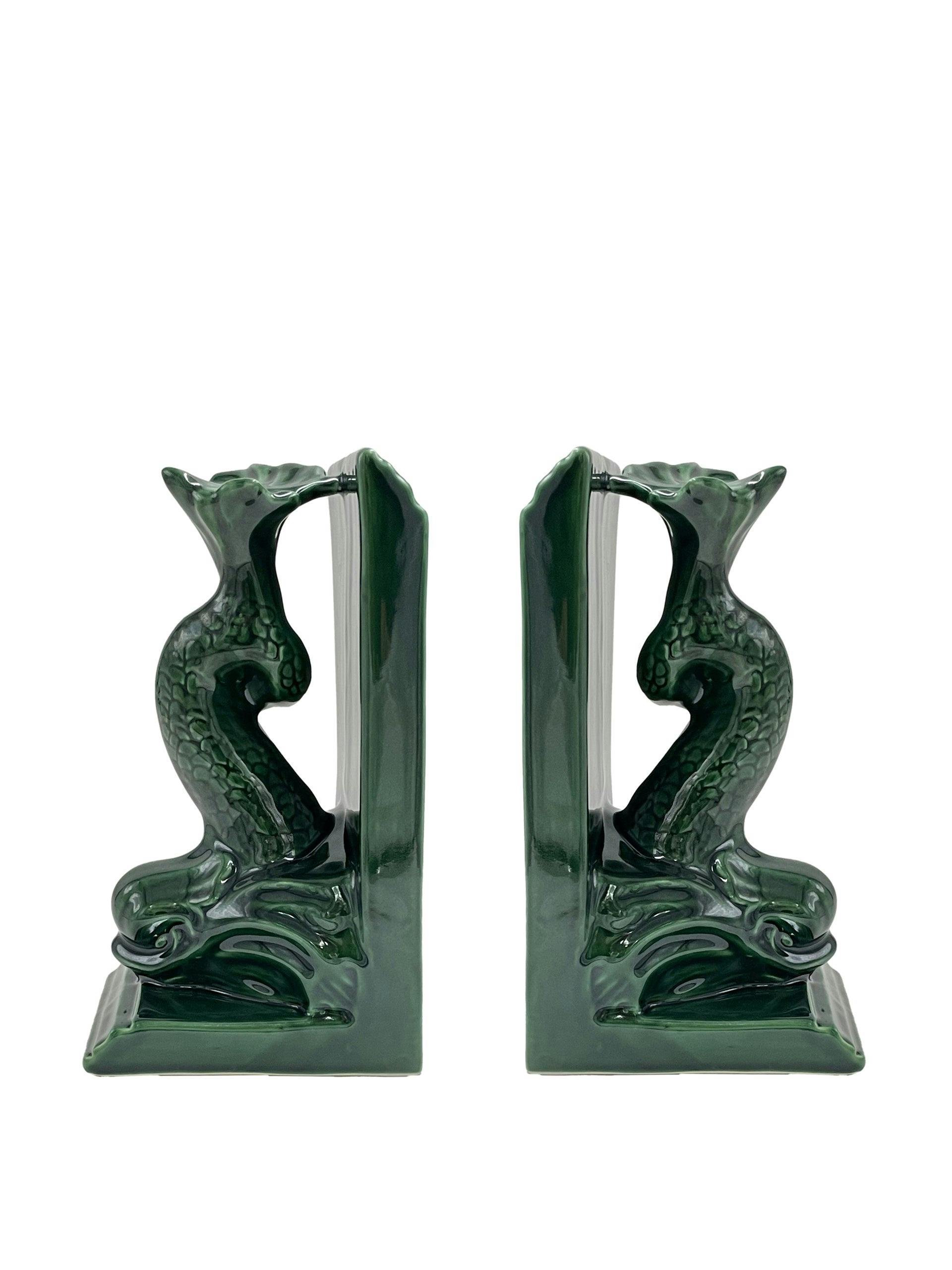 Pair of dolphin bookends in emerald green