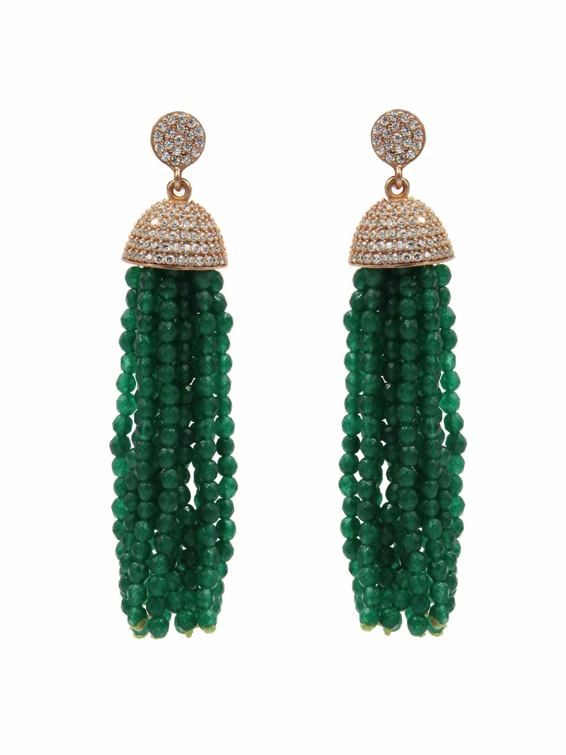 Green beaded tassel earrings