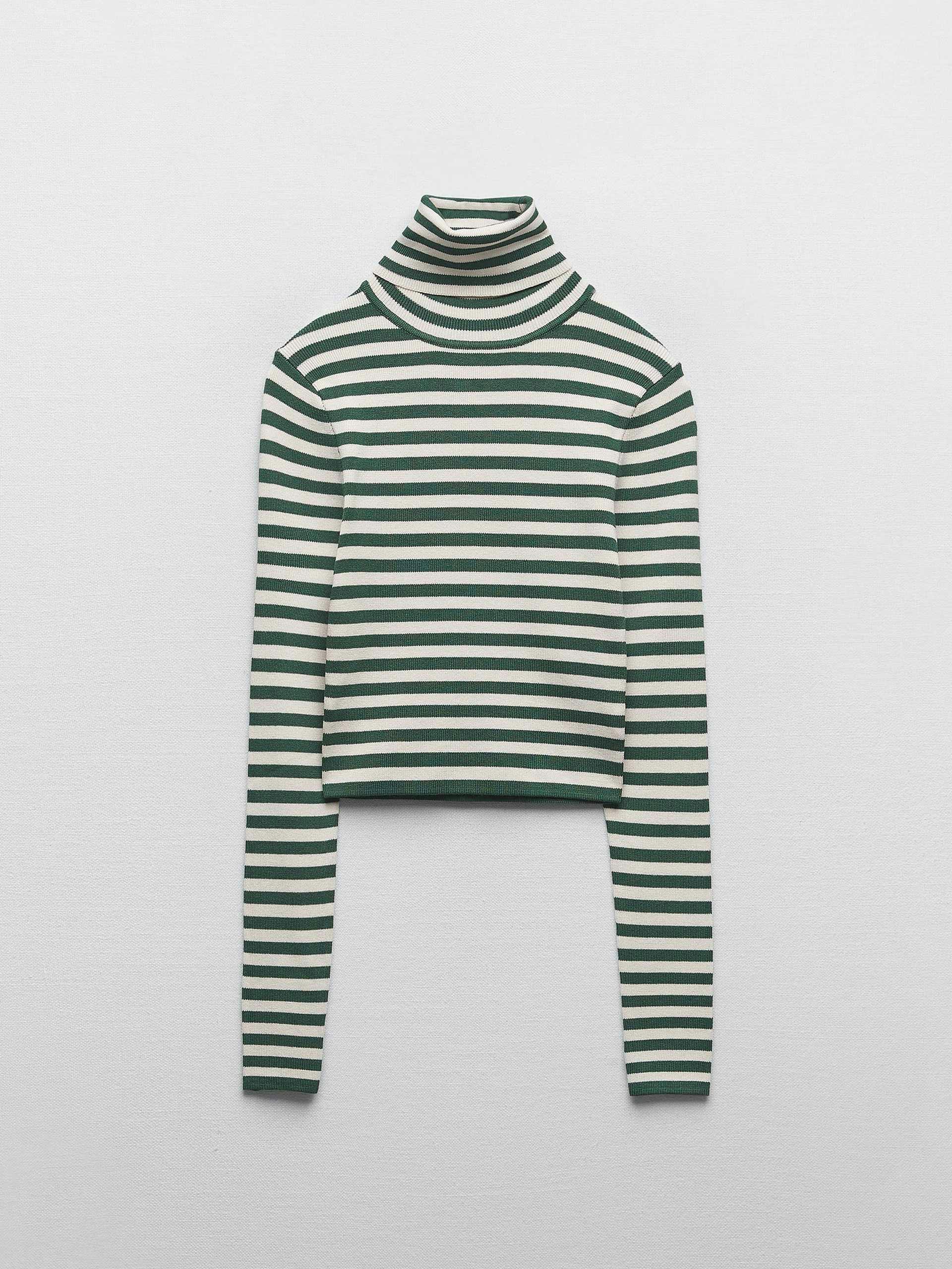 Striped cropped knit roll neck jumper