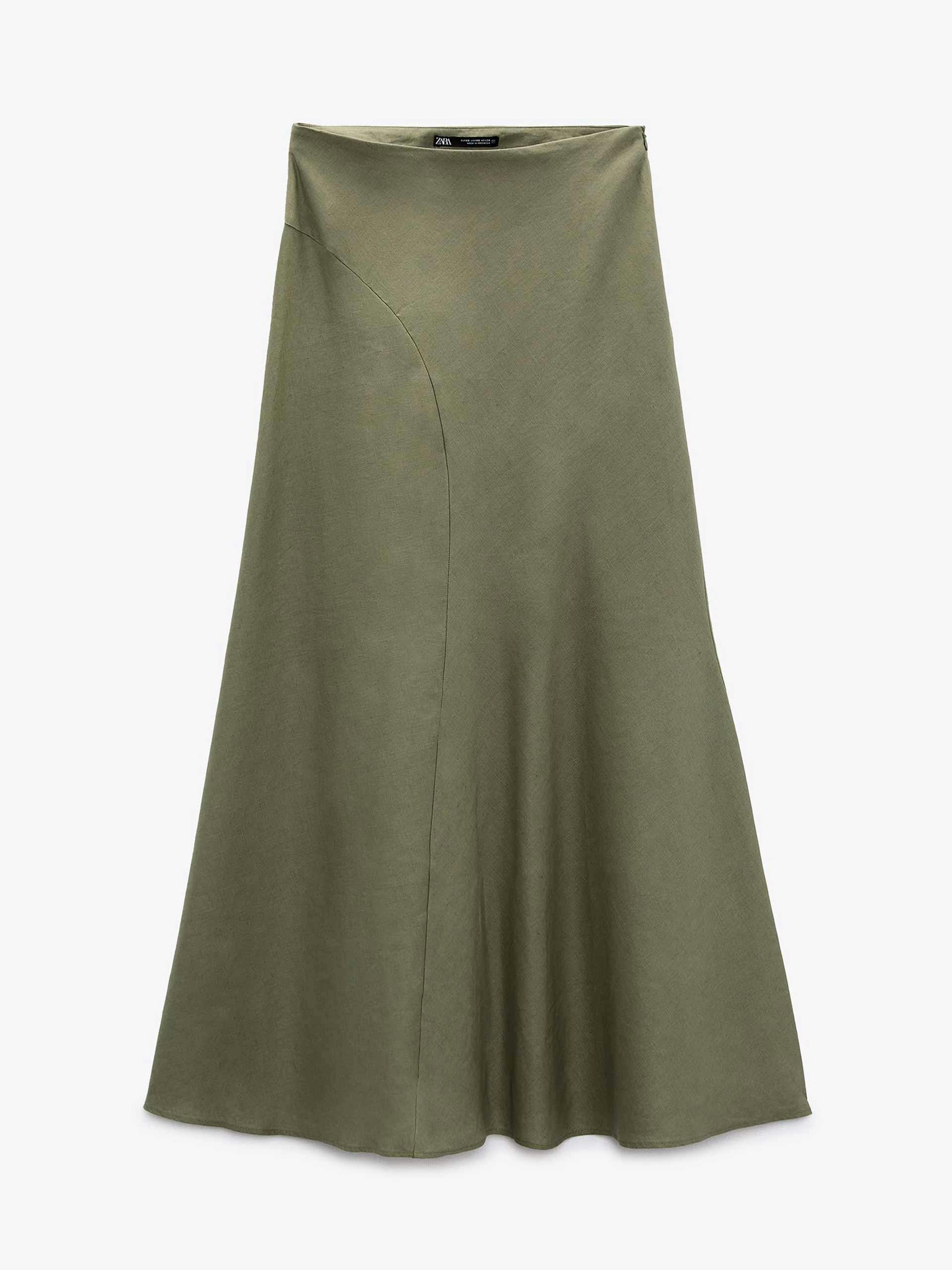 Linen-blend khaki midi skirt