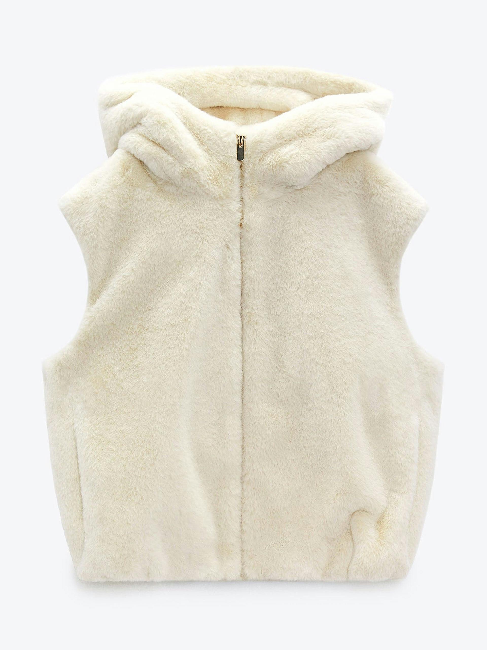 Cream faux fur waistcoat with hood