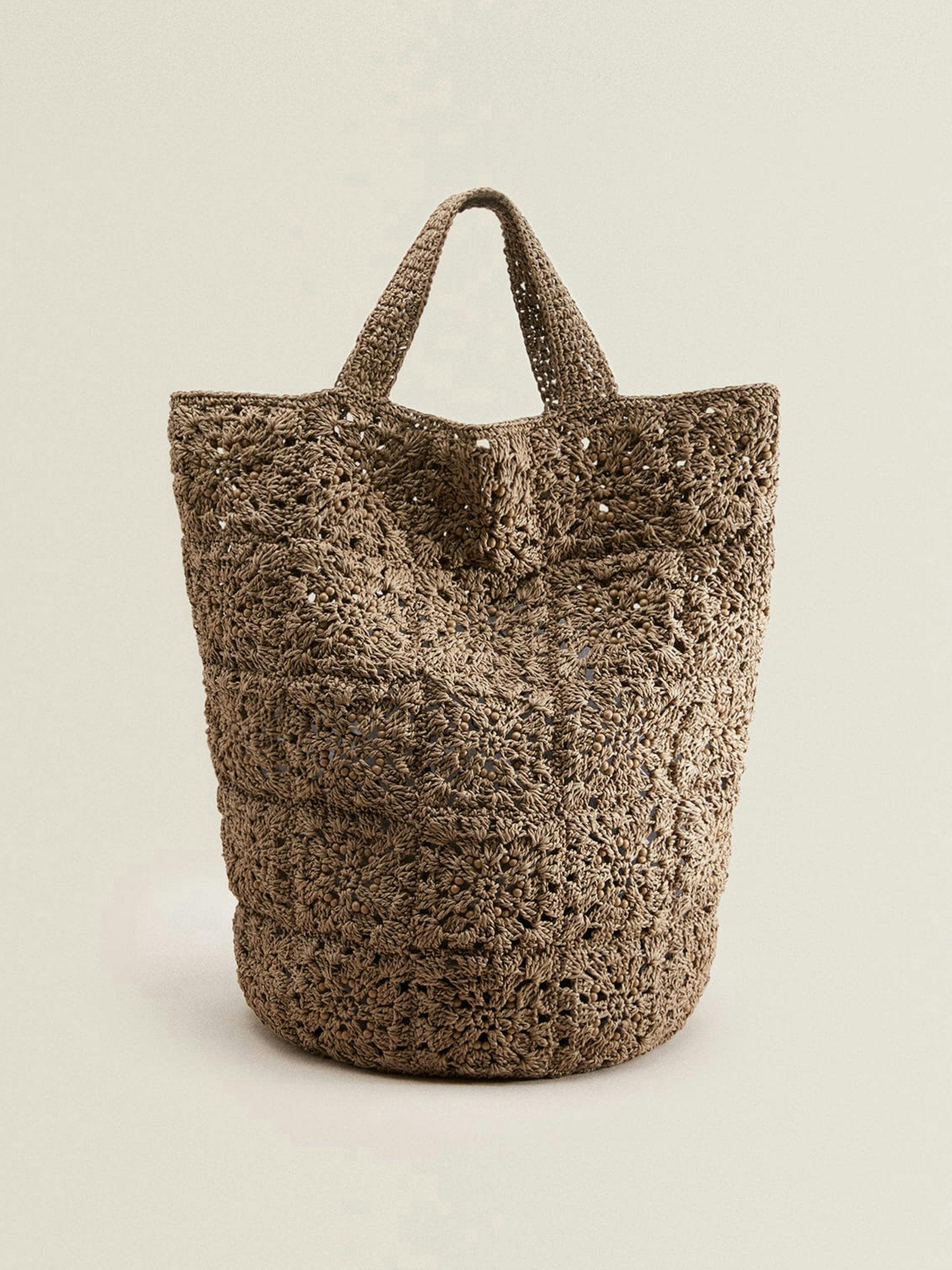 Taupe woven tote bag with beading